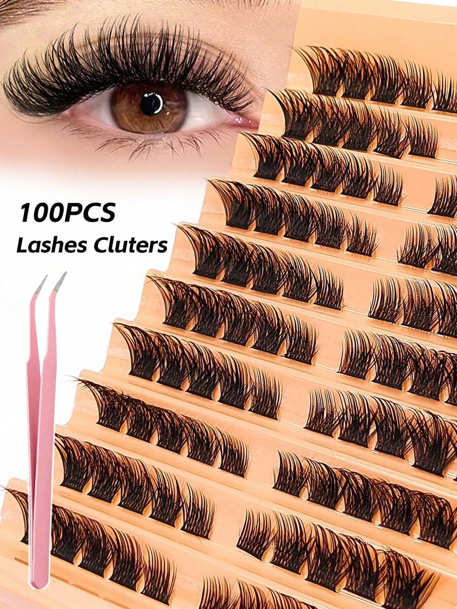 100pcs Fluffy Individual Lashes, Cat Eye Cluster Design, Segmented For DIY Makeup, Beginner-Friendly, Reusable,Lash Clusters,Tweezers. - D - View 1