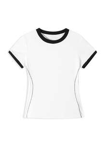 Women's Colorblock Round Neck Short Sleeve T-Shirt, Korean Style Slim Fit Cropped Top, Versatile Commuter Summer Top White - White - View 7