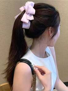 1件純色緞面雙蝴蝶結香蕉髮夾，極簡風女性髮飾，適合夏季穿搭與全白風格 - 彩色 - 查看 8