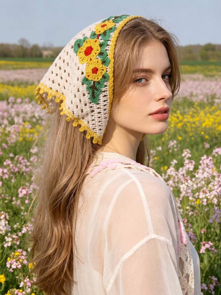 1件女款鉤編髮箍,波希米亞風優雅花卉刺繡髮箍,鄉村風女性髮飾 - 彩色 - 查看 1