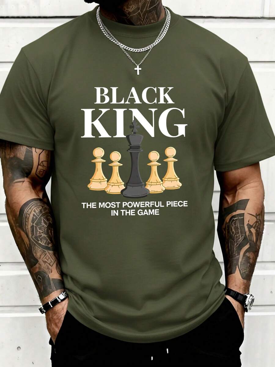 大尺碼黑色國王棋子T恤;國王是遊戲中最強大的棋子。 - 軍綠色 - 查看 1