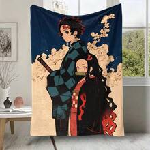 Retro Cloud Background Tanjiro & Nezuko Flannel Blanket Demon Slayer Anime Character Plush Throw Blanket For Couch Bedroom Travel - Colour 1 - View 6