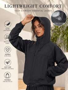 Veste de protection solaire UPF GRIM PANDA pour femmes, veste de peau pliable, légère, respirante, à toucher frais, avec poche zippée, vêtement d'extérieur pour la randonnée, le cyclisme et les sports quotidiens - Noir - Voir 1