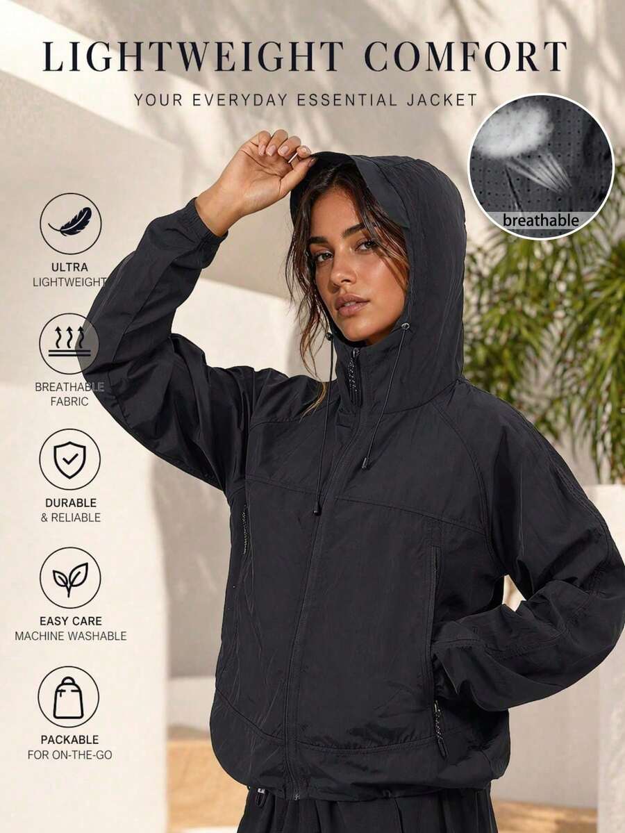 Veste de protection solaire UPF GRIM PANDA pour femmes, veste de peau pliable, légère, respirante, à toucher frais, avec poche zippée, vêtement d'extérieur pour la randonnée, le cyclisme et les sports quotidiens - Noir - Voir 1