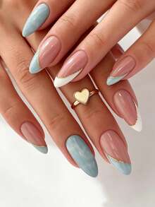 24 piezas de uñas postizas con forma de almendra, estilo clásico elegante, degradado azul cielo con rayas doradas y borde blanco, acabado brillante y brillante, blanco puro, versátiles y de moda, adecuadas para citas, fiestas, primavera, verano, otoño, invierno, uso diario para mujeres y niñas, juego de uñas removibles con pegamento de gelatina y lima de uñas, fáciles de usar y duraderas, pegamento de gelatina enviado al azar - azul real - Ver 2