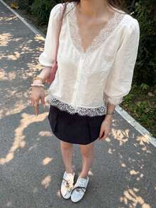 Women's Spliced Lace Summer French Gentle Single-Breasted Shirt White - White - View 2
