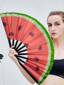 1 Pc D EXCEED Large Folding Hand Rave Fan, Watermelon Print Design, Music Festival, Carnival, Rainbow Outfits, Disco, Neon, Glow Party Decorations - Multicolor - View 6