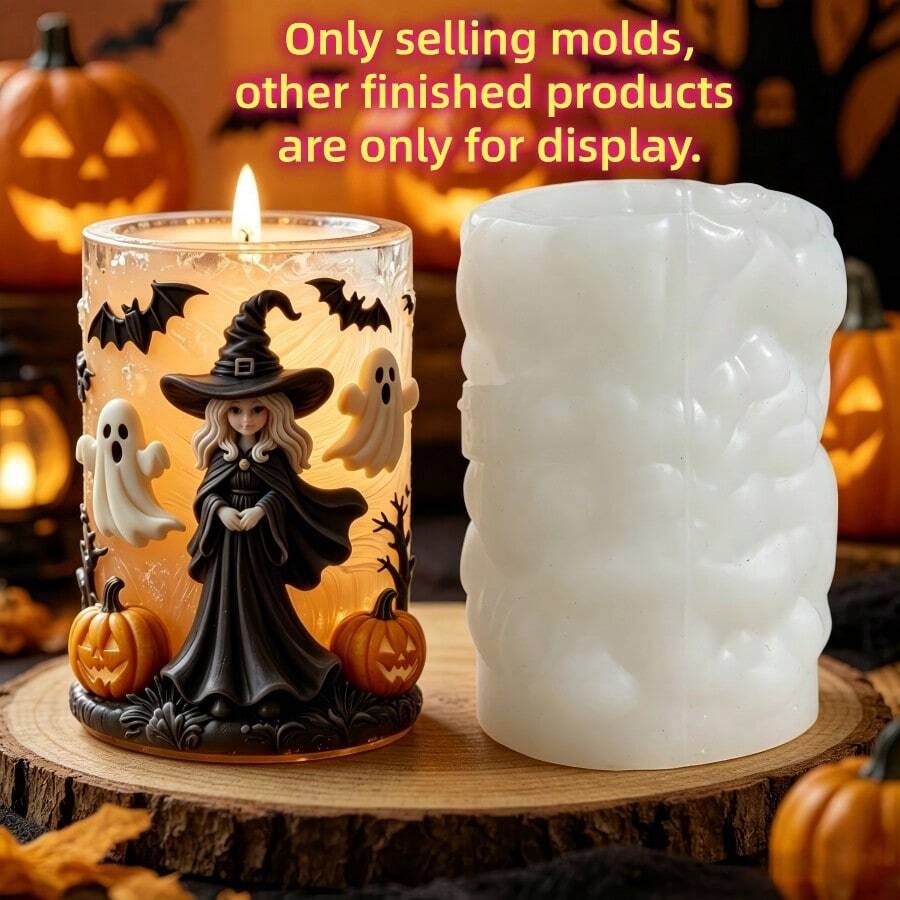 Aromatherapie-Kerzen-Silikonform mit Hexe, Kürbis, Geist und Fledermaus, schöne Magier-Halloween-Themen-Kerzenform, prachtvolle Hexe Relief-Harz-Gips-Form, Zement-Beton-Ton-Form, Heimdekoration, Halloween-Geschenk - A - Übersicht 1