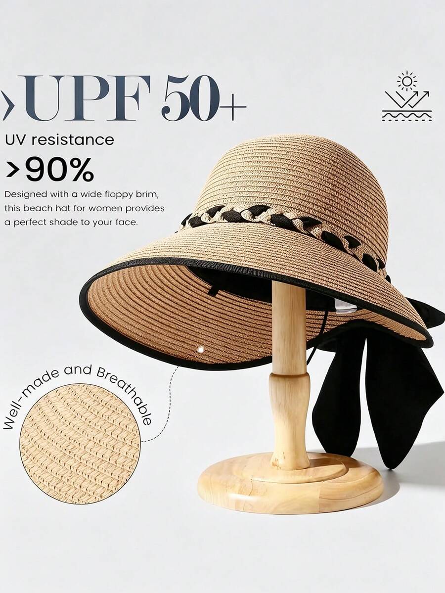Women's Wide Brim Straw Hat, Comes With Adjustable Chin Strap Windproof Rope, Summer Large Brim Sun Hat, Rollable Portable Design Beach Hat, Lightweight Suitable For Swimming, Outdoor, Travel - A - View 1