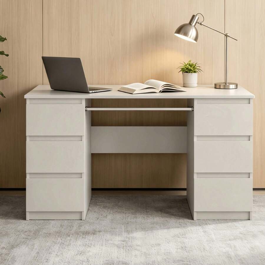 1 Piece Minimalist Double Chest Drawer Writing Desk, 130cm Wide Matte White Tabletop With Pull-Out Keyboard Tray, 3 Drawers On Both Sides Large Storage Space, For Bedroom Study Office, Computer Table, Makeup Vanity, Student Workbench - meja - View 1