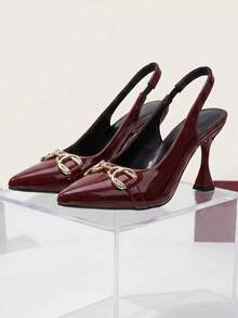 1 Paar 2026 neue Teenager High Heel Sandalen, Metall-Pferdebit-Schnalle Hardware Dekoration, glänzendes Lackleder PU Material, spitz zulaufende Zehenpartie mit elastischem dünnem Rückriemen, asymmetrischer Trompeten-Stiletto-Absatz, Vintage reifer Stil rückenfreie High Heel Sandalen für Dating, Party, Pendeln - Bordeaux - Übersicht 1