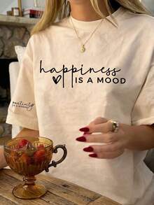 Es Trus 大尺碼女款夏季「Happiness Is A MOOD」圖案印花街頭 Y2K 風格杏色圓領大號短袖休閒 T 恤上衣 - 杏色 - 查看 1