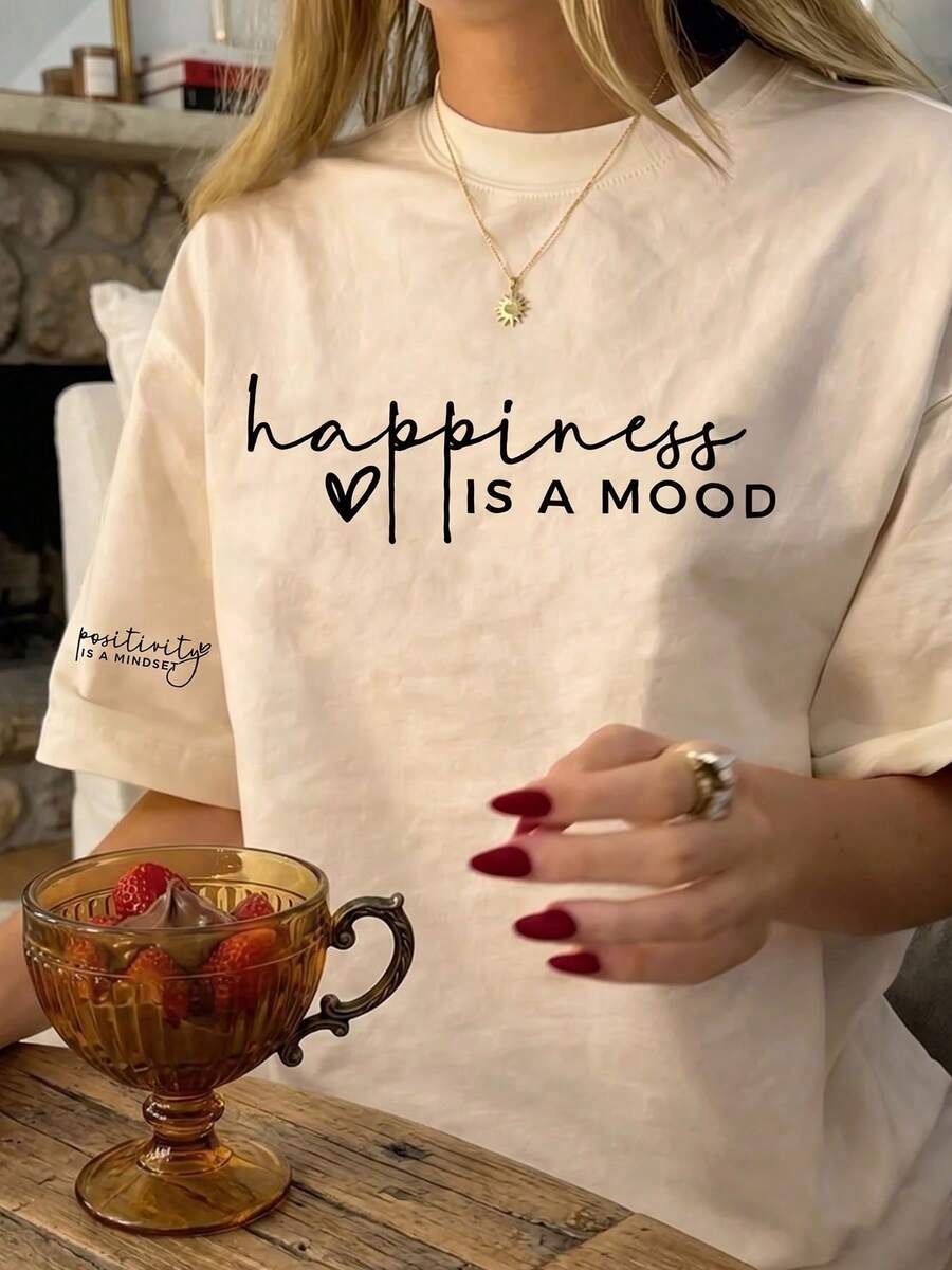 Es Trus 大尺碼女款夏季「Happiness Is A MOOD」圖案印花街頭 Y2K 風格杏色圓領大號短袖休閒 T 恤上衣 - 杏色 - 查看 1