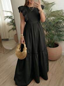 Vestido casual corto de mujer de unicolor elegante para vacaciones, con mangas cortas, fruncido y parches, primavera/verano, negro - Negro - Ver 5