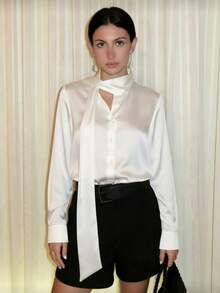 Women's Fashion Elegant French Design Satin White Blouse With Bow Tie, Front Button, Long Sleeve, Early Autumn New Style, Commute, Vacation, Daily Wear - White - View 2
