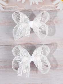 2pcs White Daisy Lace Bow Hair Clips For Girls, Alligator Clips, Cute Hair Accessories, Gift For Casual Daily Wear - White - View 3