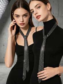 1/2pcs Women's Shiny Rhinestone Mesh Necktie, Elegant Sequin Diamond Choker Necklace, Luxury Evening Party Ball Wedding Accessory - Multicolor - View 1