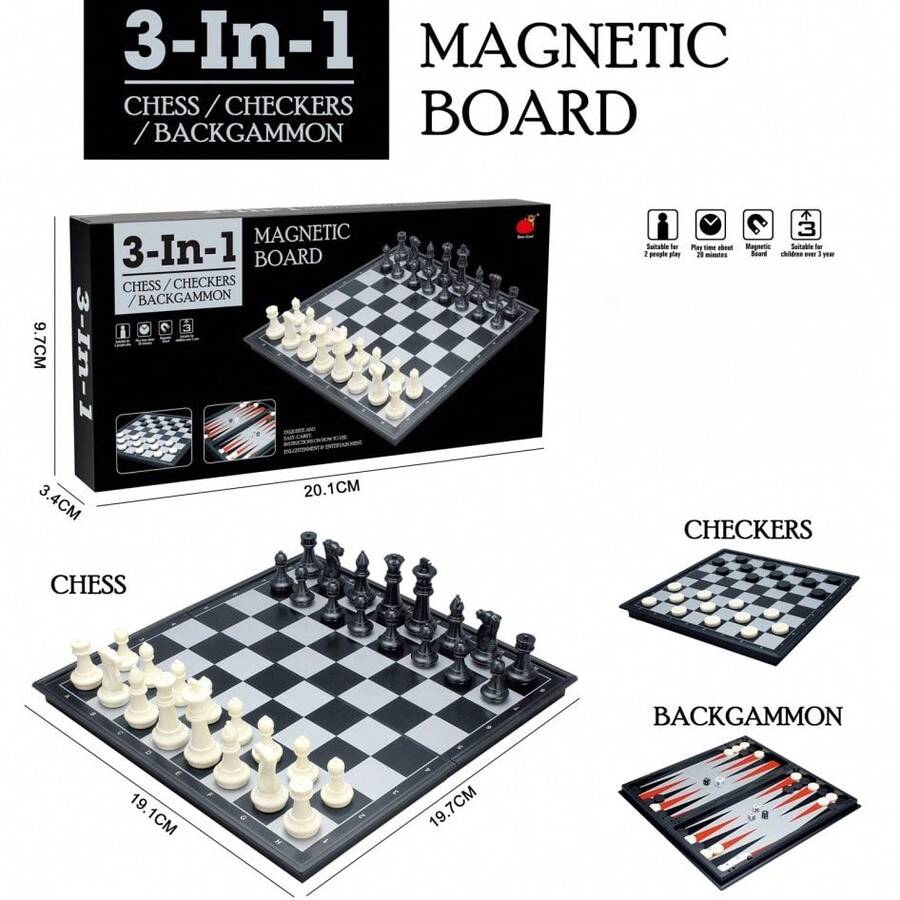 3 In 1 Magnetic Foldable Chess Checkers Backgammon Set, Portable Travel Educational Board Game For All Ages - View 1