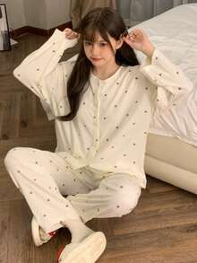 2pcs/Set Women's Pajamas Loungewear Set, Fashionable Open Front Cute Bear Head Pattern Print Long Sleeve Long Pants, Suitable For All Seasons - Champagne - View 1