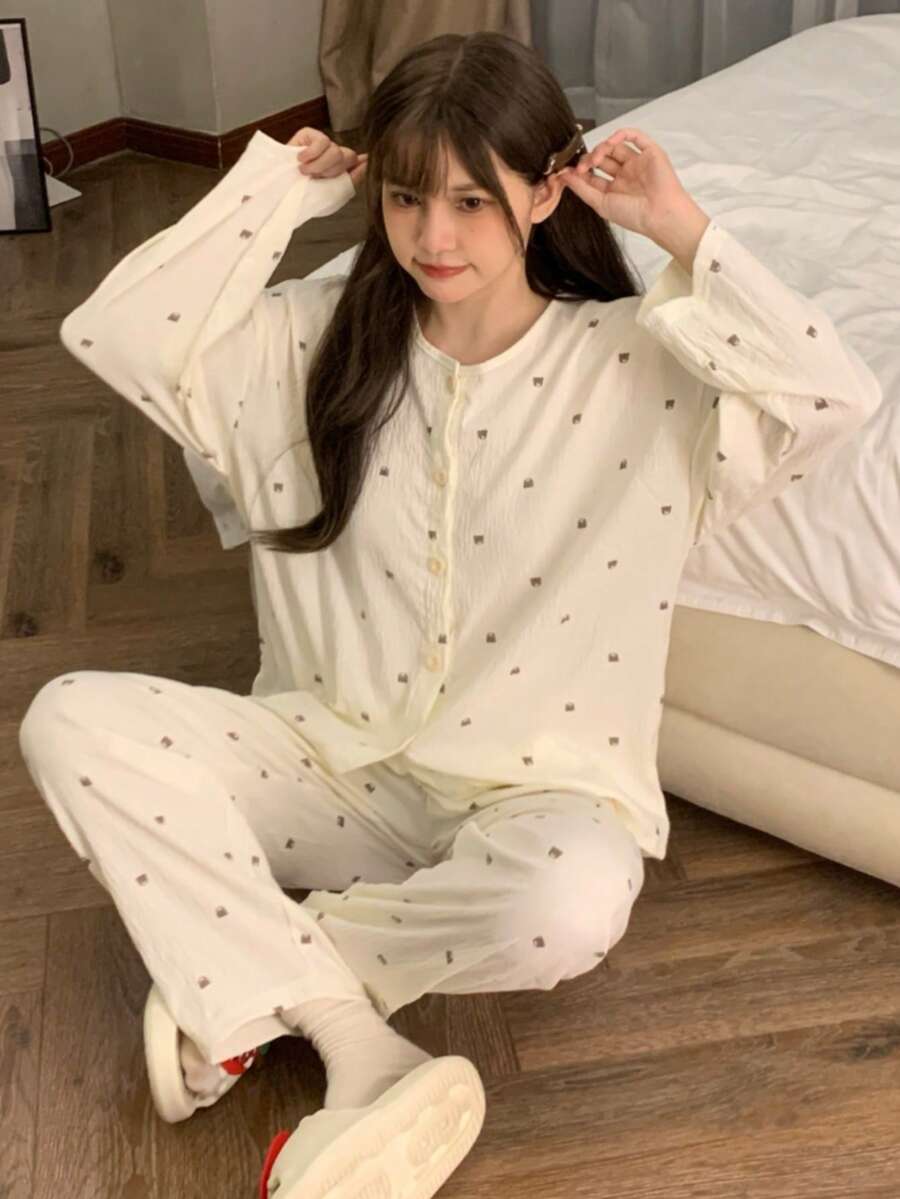 2pcs/Set Women's Pajamas Loungewear Set, Fashionable Open Front Cute Bear Head Pattern Print Long Sleeve Long Pants, Suitable For All Seasons - Champagne - View 1