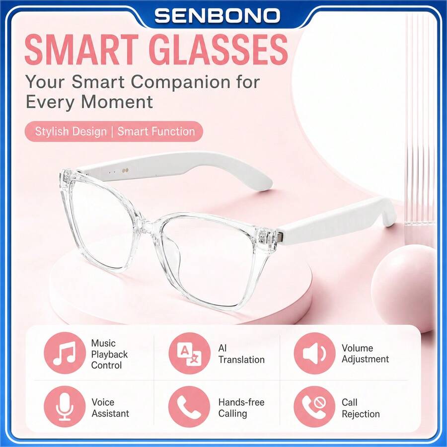 SENBONO AI Smart Bluetooth Glasses With Call Answer/Reject, Hands-Free Calling, Music & Volume Control, AI Translation, Voice Assistant Activation, Built-In Mic & Speakers For IOS & Android, Fashion Glasses - View 1