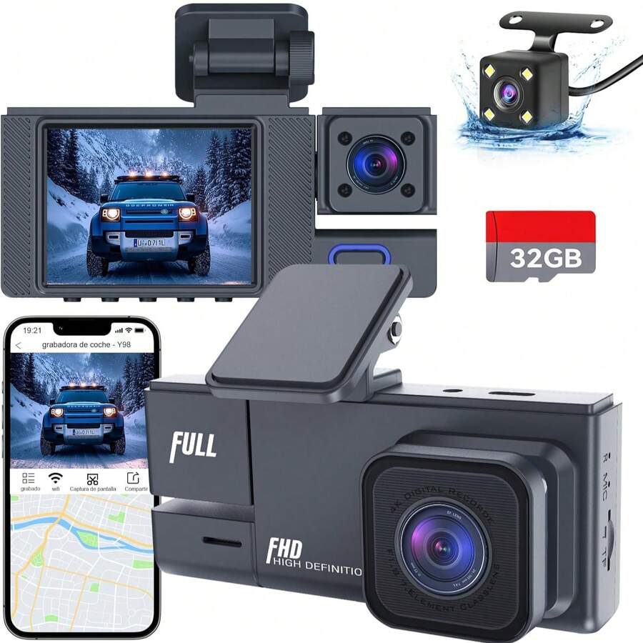 Dash Cam Front And Rear Inside 3 Channel Dashcam For Cars 1080P With 32GB Card Adjustable Lens 3 Ways Triple Camera With Night Vision, G-Sensor, Loop Recording, Parking Monitor - Y98 - View 1
