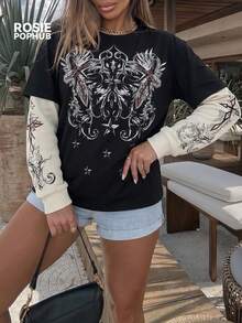 ROSIE POPHUB Women's Black Gothic Graphic Print Round Neck 2 In 1 Long Sleeve T-Shirt Casual Streetwear Top For Fall & Winter - Black - View 7