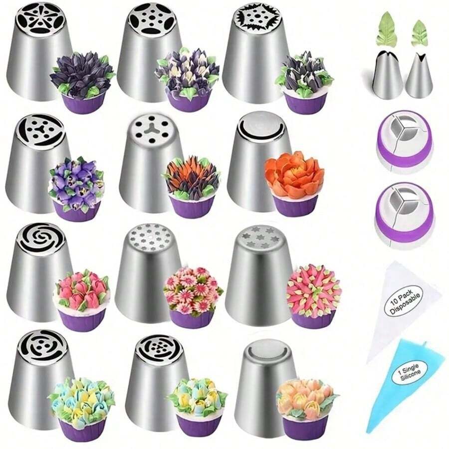 27pcs Russian Icing Piping Nozzles Set - Stainless Steel Cake Decorating Tips, Baking Tools - Multicolor - View 1