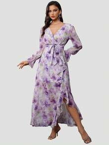1 pieza Vestido maxi elegante de manga larga con cuello en V, estampado y volantes, vestido formal de lujo para fiesta de graduación, boda y cóctel para mujer - Morado - Ver 2