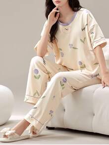 2件組女款居家服套裝，可愛熊印花韓式浪漫極簡休閒短袖長褲套裝，適合春夏穿著 - 香檳色 - 查看 1