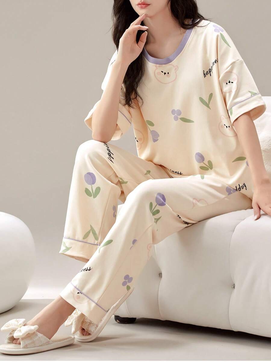 2件組女款居家服套裝,可愛熊印花韓式浪漫極簡休閒短袖長褲套裝,適合春夏穿著 - 香檳色 - 查看 1