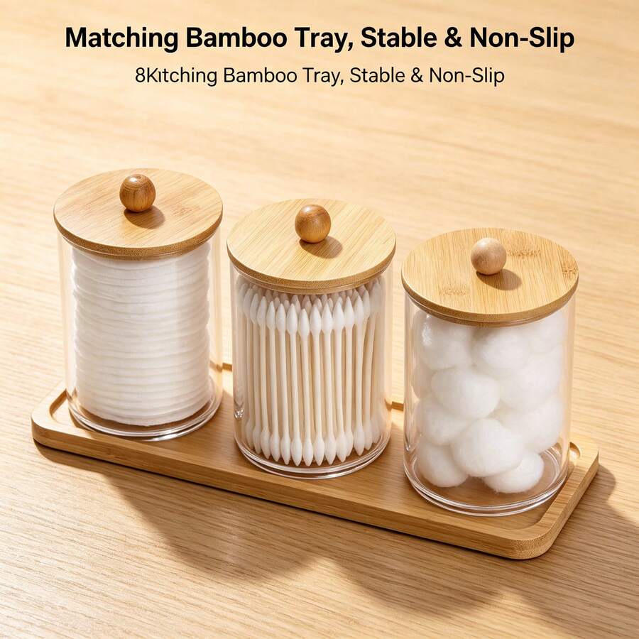 Tbestmax 10 Oz Cotton Swab/Ball/Pad Holder With Vanity Tray, Qtip Apothecary Jar, Bathroom Containers Dispenser Storage 3 Pack Wood Lids - 3pcs(托盤) - 查看 1