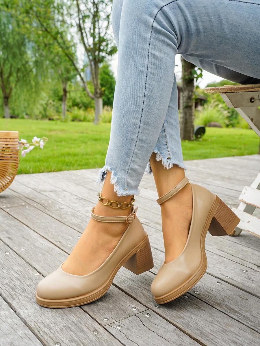 Women's Chunky Heel Versatile Low Vamp Lace-Up Plus Size Shoes, Spring/Autumn New Evening Style High Heel Mary Jane Shoes - Khaki - View 1