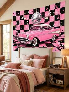 Y2K Millennium Pink Vintage Car Tapestry, 50s Retro Disco Black & Pink Checkerboard Backdrop, Mirror Disco Ball & Music Note Print, Vintage Rock 2000s Party Photo Backdrop, Girl's Bedroom Dorm Birthday Wall Decor - Multicolor - View 8