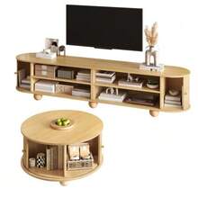 Coffee Table And TV Unit Set, Round Coffee Table With Curved TV Unit, Vertical Relief Structure, Sliding Doors, MDF Frame, Metal Handles, Spherical Metal Feet, Versatile Storage Space - 自然色 - 查看 8