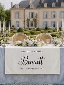 Personalized Wedding Table Runner, Customized White Polyester Linen Fabric Bride And Groom Table Runner (Includes Surname And Date), Elegant Wedding Reception Decor Sign - Multicolor - View 3