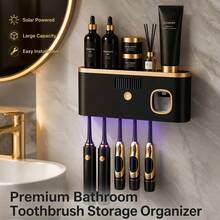 Wall-Mounted Toothbrush Holder With UV Ultraviolet Light, Automatic Toothpaste Dispenser And Large Capacity Storage Rack, Solar Powered No-Drill Bathroom Organizer, Multi-Slot Design, Suitable For Electric And Manual Toothbrushes, Ideal For Daily Home Use - Multicolor - View 6