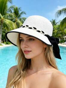 Women's Wide Brim Straw Hat, Comes With Adjustable Chin Strap Windproof Rope, Summer Large Brim Sun Hat, Rollable Portable Design Beach Hat, Lightweight Suitable For Swimming, Outdoor, Travel - A - View 4