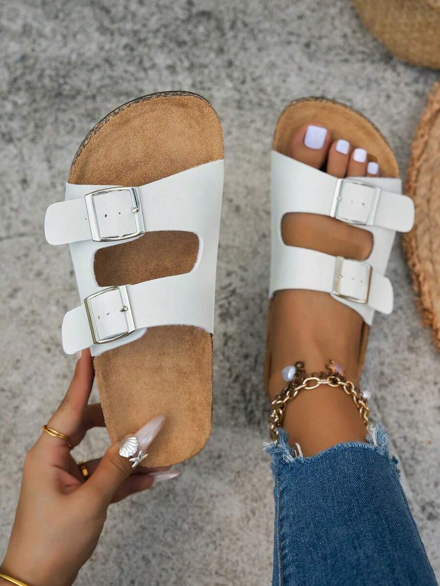 Women's Soft Cork Thick Sole Double Buckle Flat Slippers - White - View 1