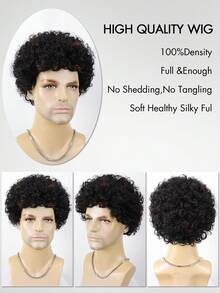 Peruca Afro Curta e Encaracolada Preta com Destaques Marrons para Homens, Peruca de Fibra Resistente ao Calor e Alta Temperatura, Fofa, Confortável e Respirável, com Touca de Rede Rosa, Adequada para Uso Diário, Festa, Cosplay e Halloween - Multicolorido - Visão 6