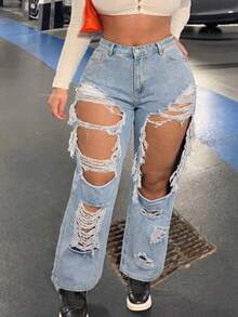 Jeans da donna taglie forti a gamba dritta di colore chiaro con effetto strappato, pantaloni casual lunghi non elasticizzati con design con cerniera - Blu - Visualizzare 2