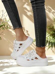 White Hollow Breathable Mesh Thick Sole No Heel Sneakers, Women's Lightweight Slip-On Lace-Up Casual Shoes, Suitable For Summer Daily Wear - White - View 5
