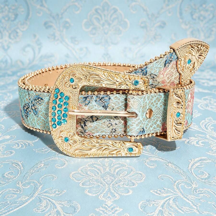 1 buah Sabuk Kulit PU Motif Bunga Berwarna-warni Gaya Istana Berlian Biru dengan Gesper Logam, Dekorasi Gaya Bohemian