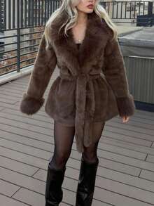 1pc Solid Color Faux Fur Belted Jacket For Women, Suitable For Autumn/Winter Vacation - Rust Brown - View 1