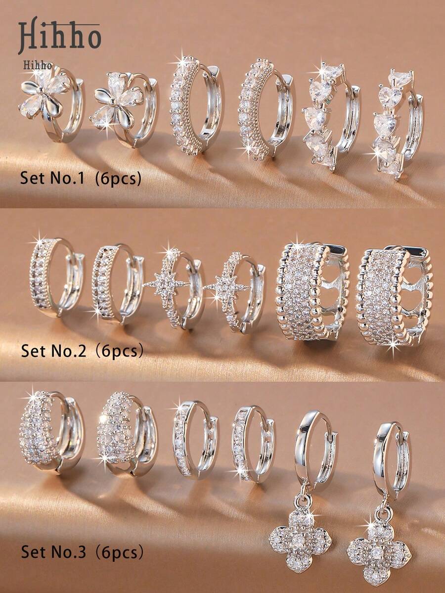 Hihho 6 Stücke/Set Zirkonia Stein Ohrringe Set, Blumen- & Herz-Designs, süßer & lebendiger Stil, beinhaltet Kleeblatt, Cut Out Pavé, minimalistischer Creolen und Kleeblatt Anhänger Stile, dichte Zirkonia Einbettung mit glänzender Oberfläche, geeignet für den täglichen Gebrauch, den Arbeitsweg und leichte gesellige Anlässe - Silber - Übersicht 1
