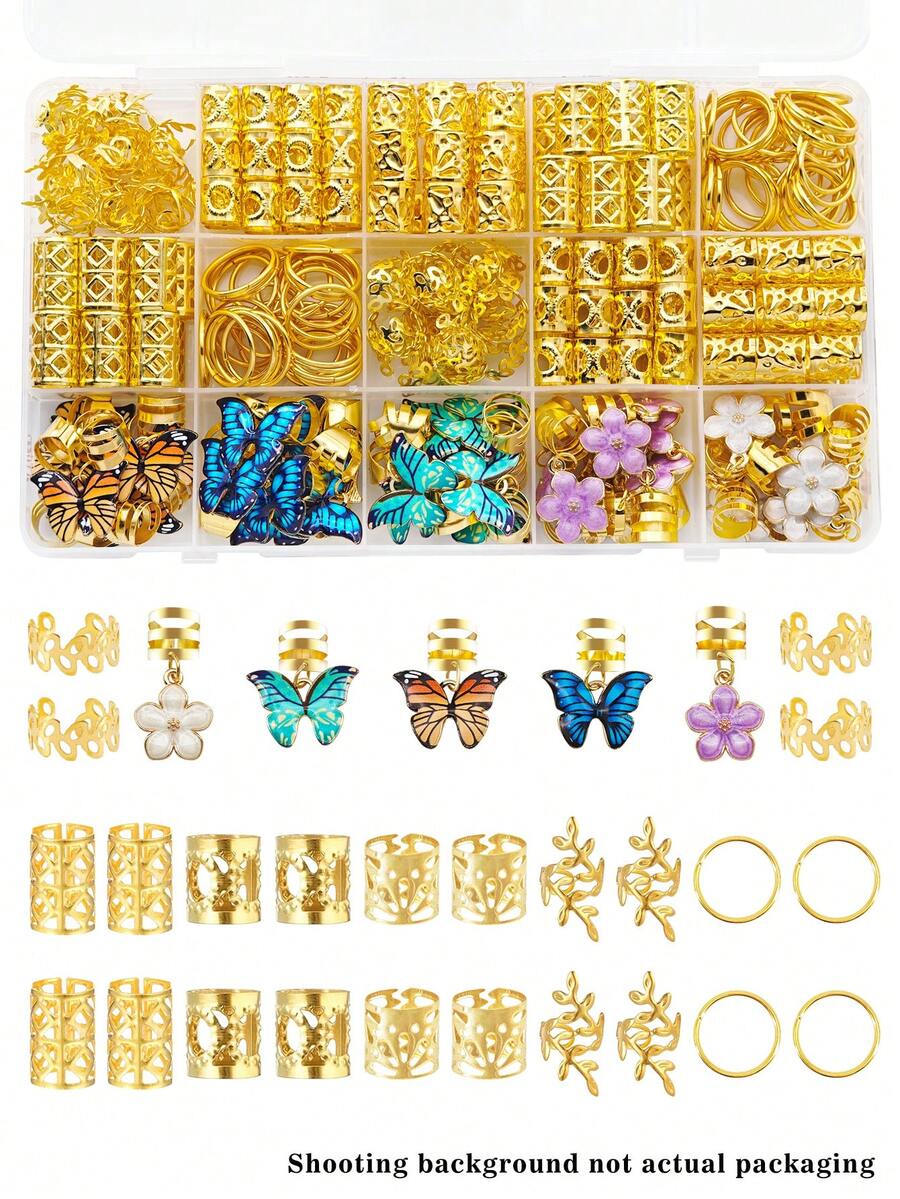 Juego de 65 piezas de anillos para el cabello con mariposas y camelias de colores - Elegantes puños para el cabello, joyería para el cabello estilo bohemio para trenzas y rastas de mujeres, clips para el cabello, pinzas de garra - Dorado - Ver 1