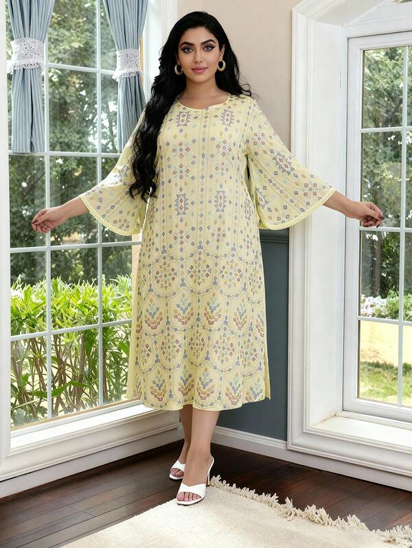 Vestido elegante de mujer árabe de verano con bordado pesado y colorido en verde claro, JALABIA de cuello redondo, moda noble, atuendo casual de viaje de verano