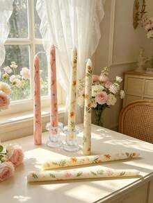 2/4pcs French Floral Print Long Taper Candles, Long Stem Candle Size 0.86*9.84 Inches, Create Warm Atmosphere, Suitable For Home Decor, Hotel Decor, Table Setting, Women's Gift, Birthday Gift - Candle - View 4