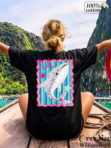 [Relaxed Fit] Women's  100% Double-Sided Print T-Shirt (Colorful Whale Pattern) - Casual, Short-Sleeve, Crew-Neck Tee; Suitable For Vacation - White - View 3