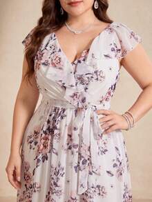 UNITHORSE Non-Positioning Flower V-Neck Ruffle Collar Detachable Tie Asymmetrical Ruffle Hem Printed Bridesmaid Dress - White - View 5